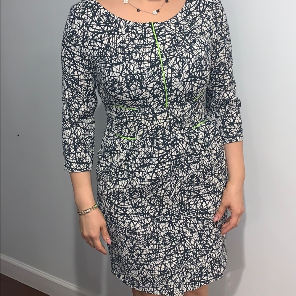 Black white and neon green cocktail dress.